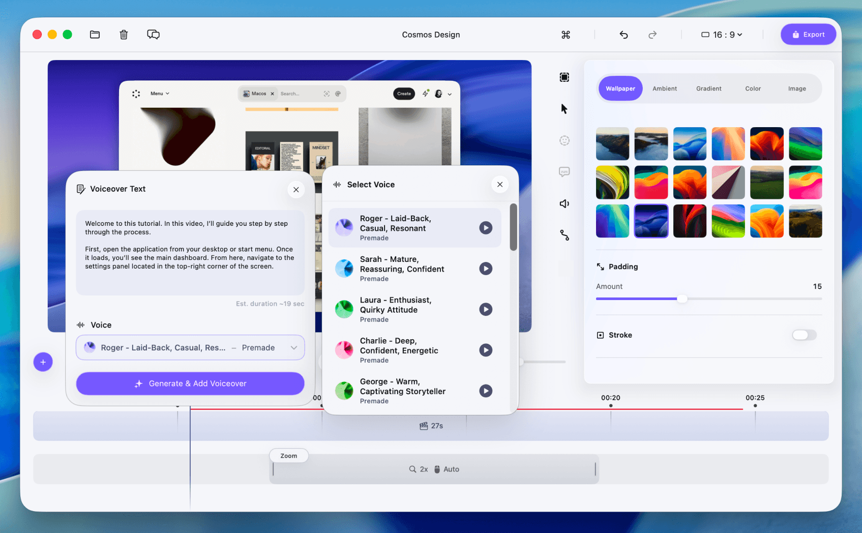 AI voice over generation inside the timeline