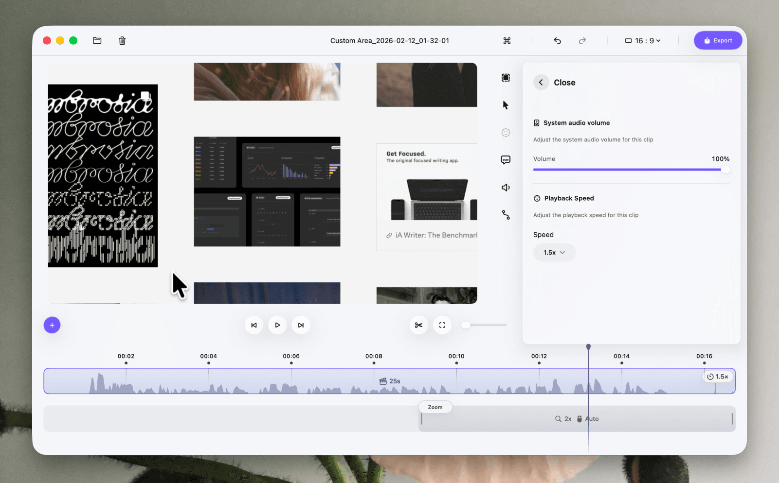 Playback speed and system audio controls in Phia